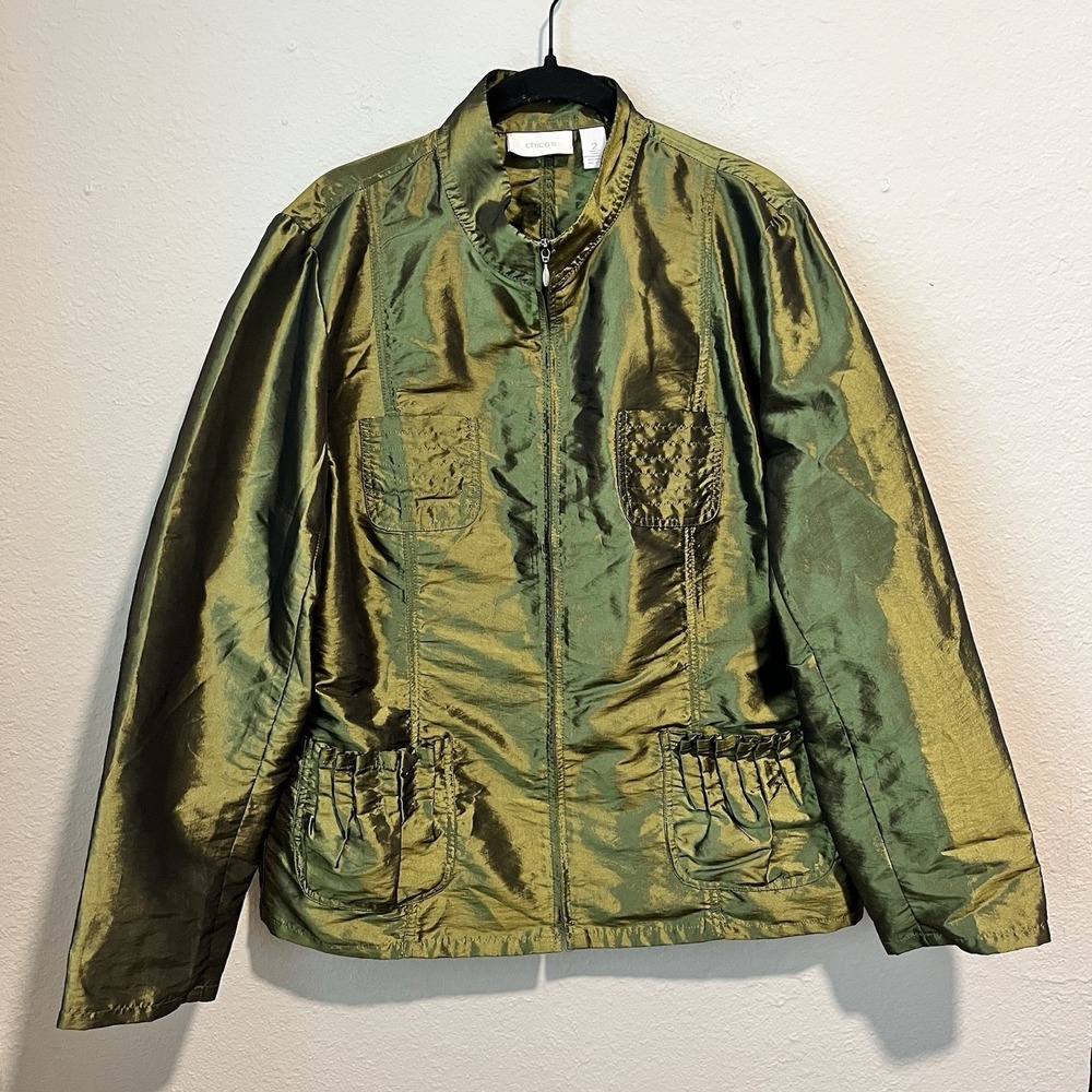 Chico's Women's Jacket Size 2 Emerald Green Satiny Shiny Artsy Lagenlook